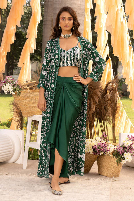 Bottle green printed cape set