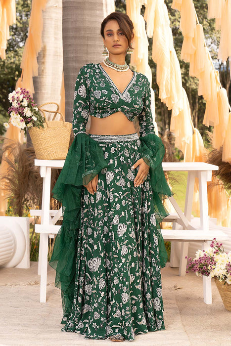 Bottle green printed lehenga set