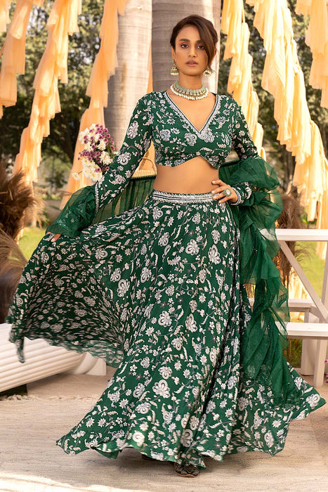 Bottle green printed lehenga set