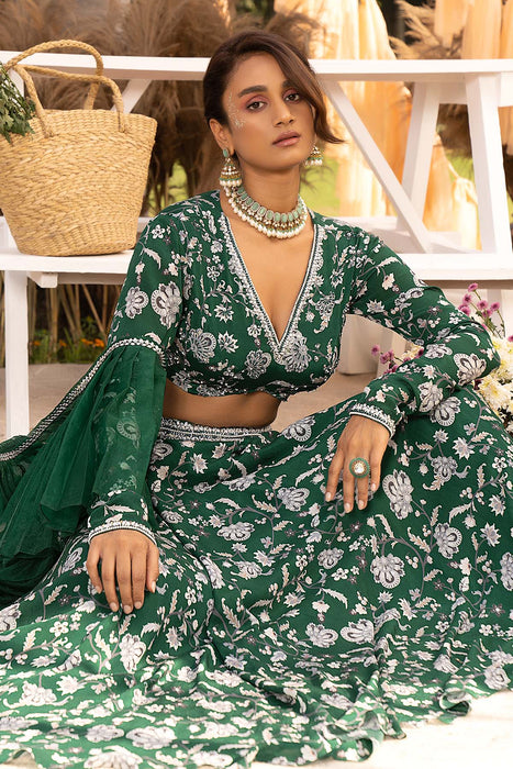 Bottle green printed lehenga set