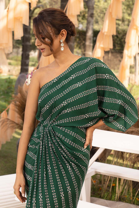 Green printed draped dress