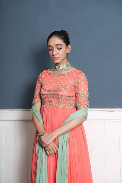 Tara-living coral shimmer chiffon embrodered anarkali