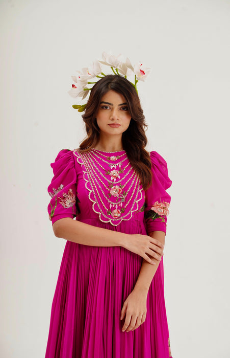 La Fleur - Hand Embroidered Magenta Pink Dress
