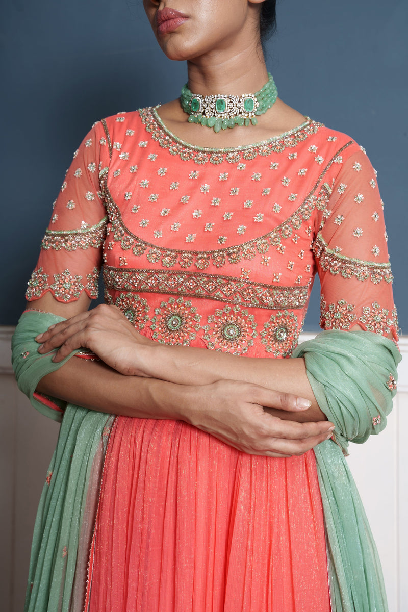 Tara-living coral shimmer chiffon embrodered anarkali