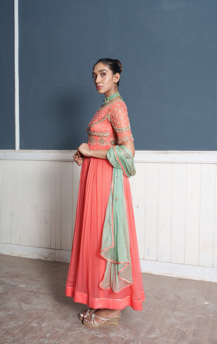 Tara-living coral shimmer chiffon embrodered anarkali