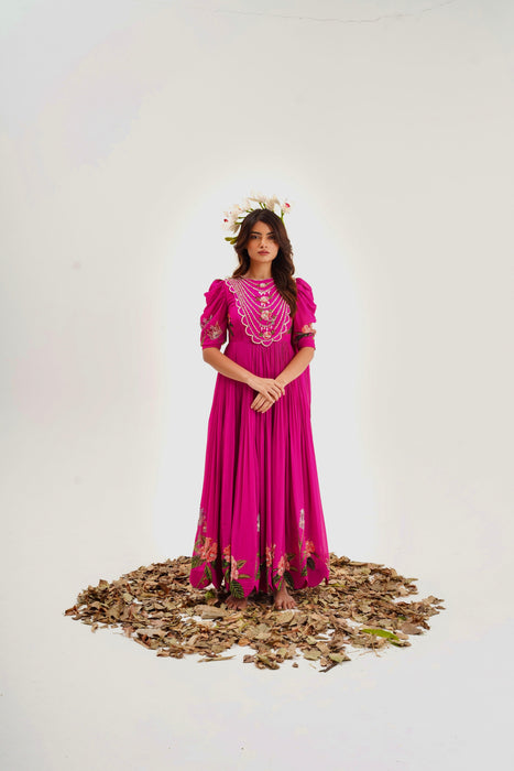 La Fleur - Hand Embroidered Magenta Pink Dress