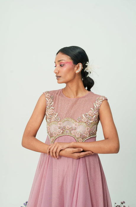 Mauve Sheer Neck Embroidered Flare Long Dress