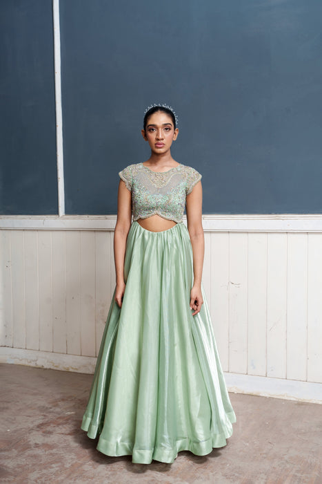 Traksh-Sage green embroidered cut out dress