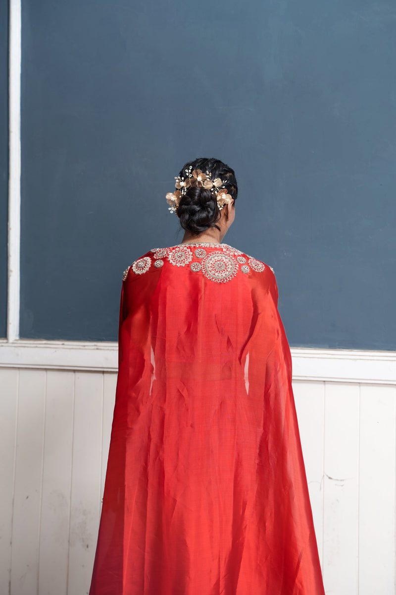 Sirius-NAKSHATRA red hand embroidered lehengas with over coat