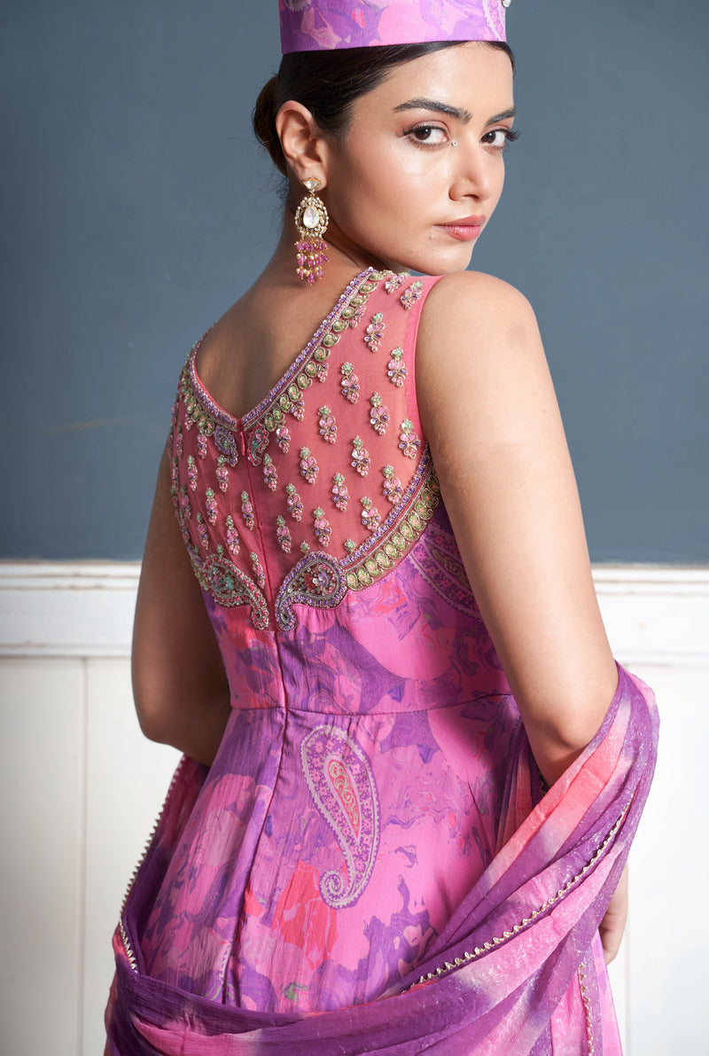 Paisley embroidered wildberry printed Anarkali palazzo attached set