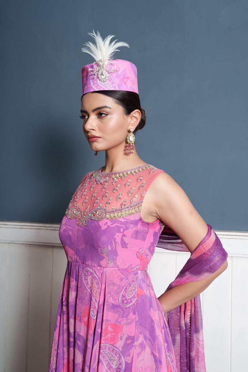 Paisley embroidered wildberry printed Anarkali palazzo attached set