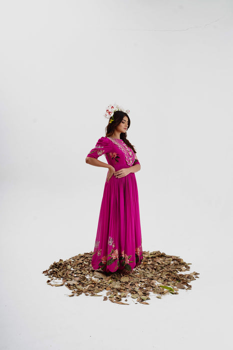 La Fleur - Hand Embroidered Magenta Pink Dress