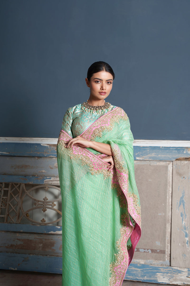 Tara -jade green raw silk embroidered saree with blouse