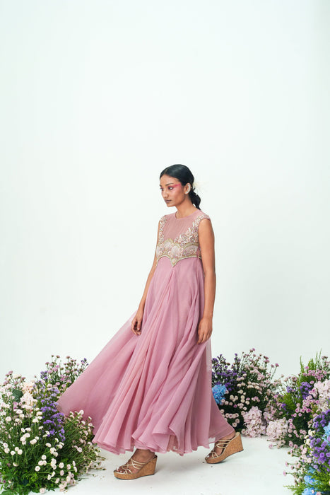 Mauve Sheer Neck Embroidered Flare Long Dress
