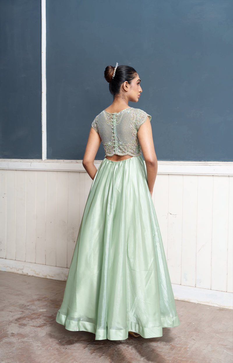 Traksh-Sage green embroidered cut out dress