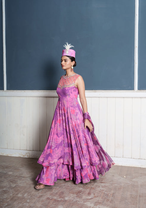 Paisley embroidered wildberry printed Anarkali palazzo attached set