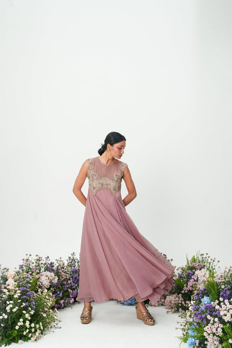 Mauve Sheer Neck Embroidered Flare Long Dress