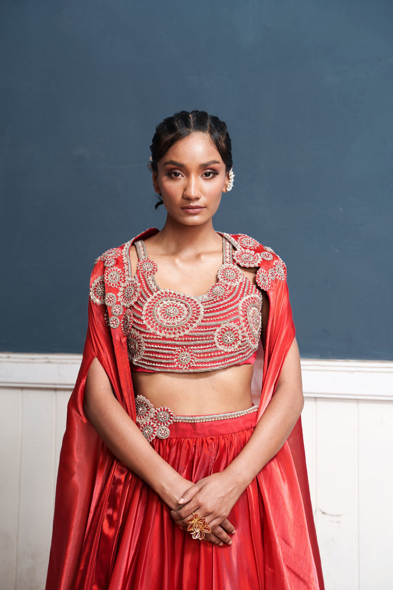 Sirius-NAKSHATRA red hand embroidered lehengas with over coat