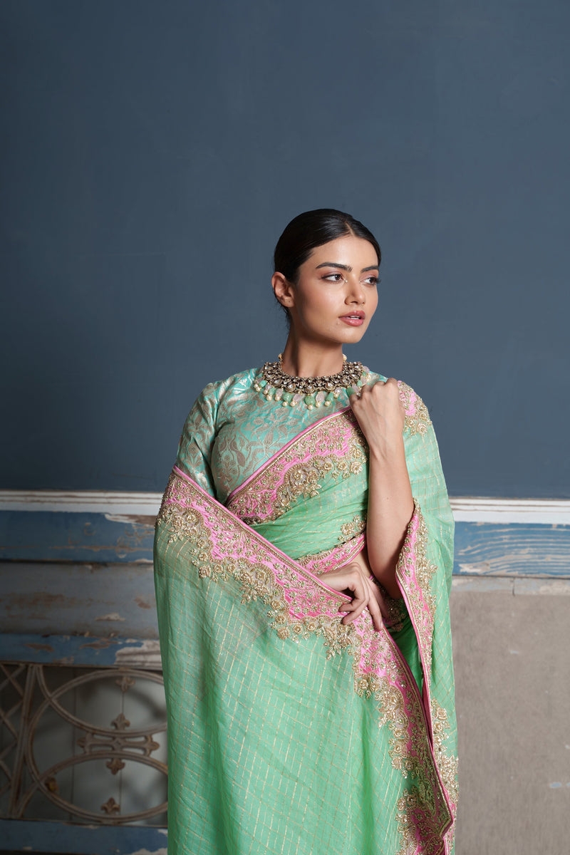 Tara -jade green raw silk embroidered saree with blouse