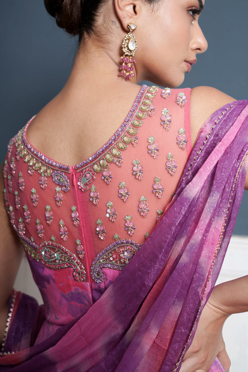 Paisley embroidered wildberry printed Anarkali palazzo attached set