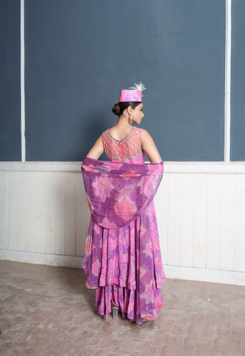 Paisley embroidered wildberry printed Anarkali palazzo attached set