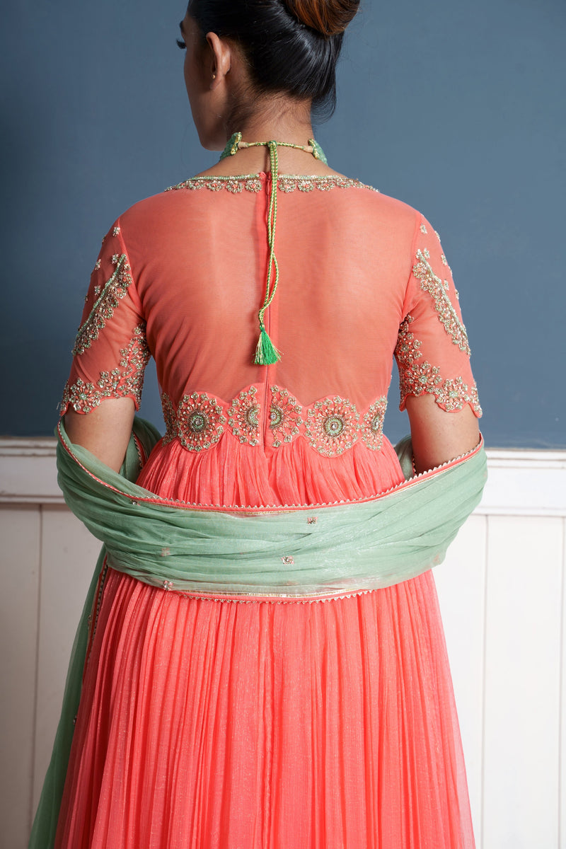 Tara-living coral shimmer chiffon embrodered anarkali