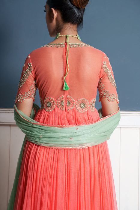 Tara-living coral shimmer chiffon embrodered anarkali