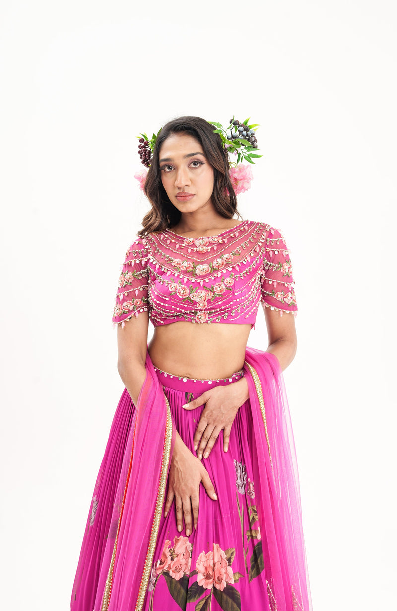 La fleur -magenta pink intricate hand embroidered lehenga