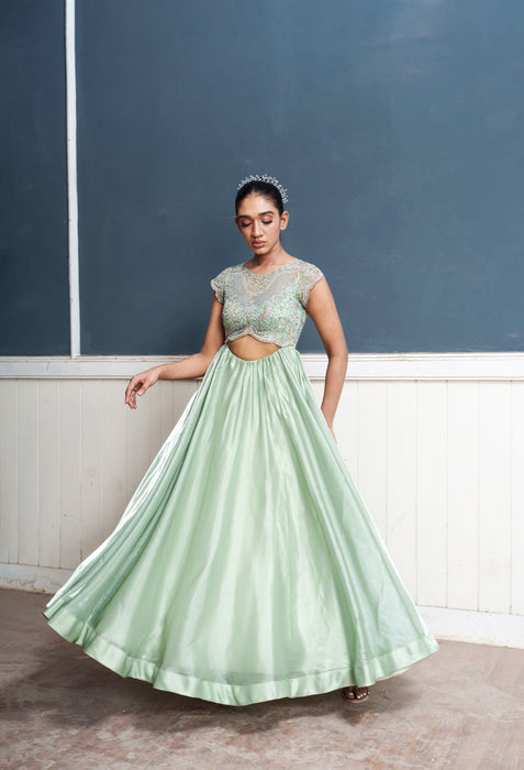 Traksh-Sage green embroidered cut out dress