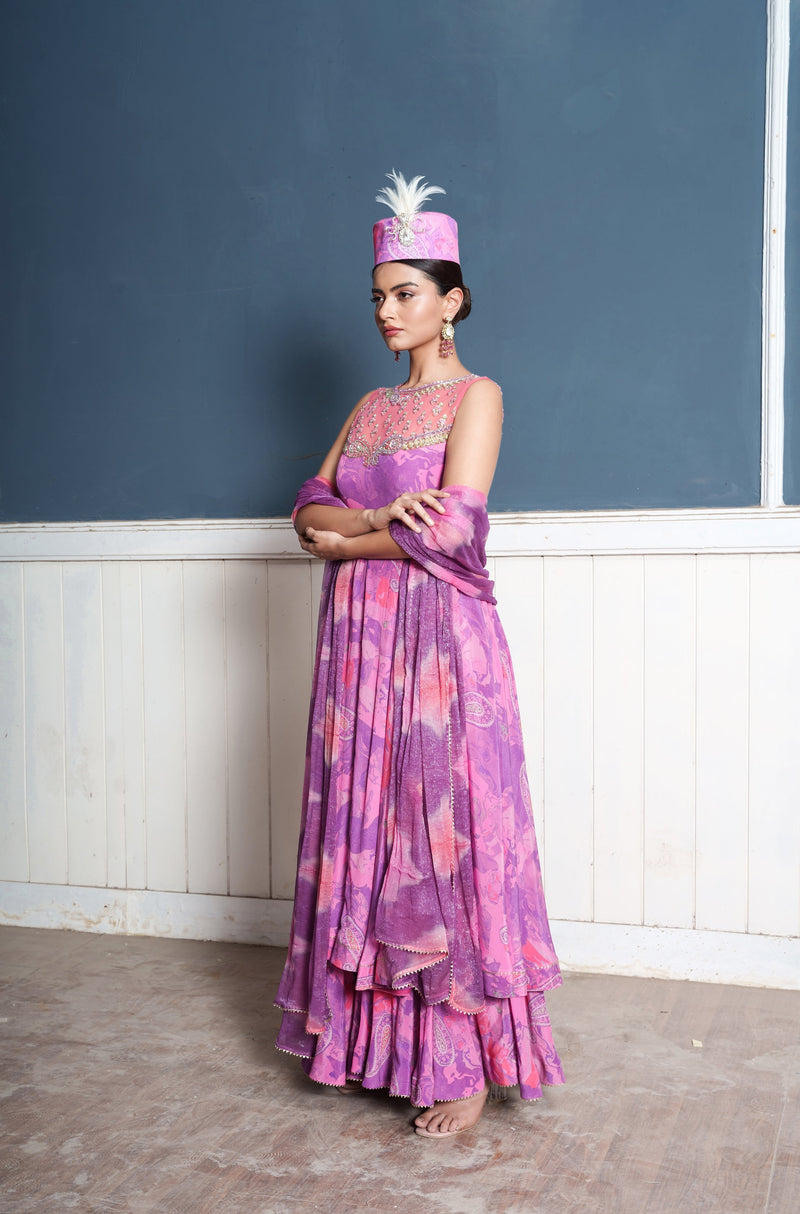 Paisley embroidered wildberry printed Anarkali palazzo attached set