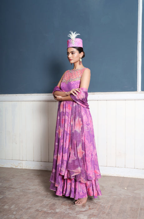 Paisley embroidered wildberry printed Anarkali palazzo attached set