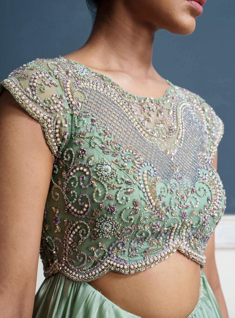 Traksh-Sage green embroidered cut out dress