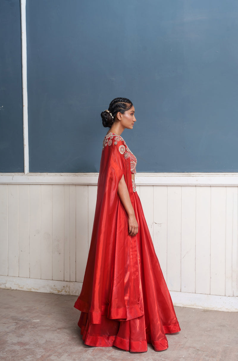 Sirius-NAKSHATRA red hand embroidered lehengas with over coat