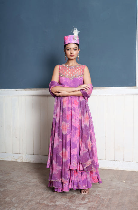 Paisley embroidered wildberry printed Anarkali palazzo attached set