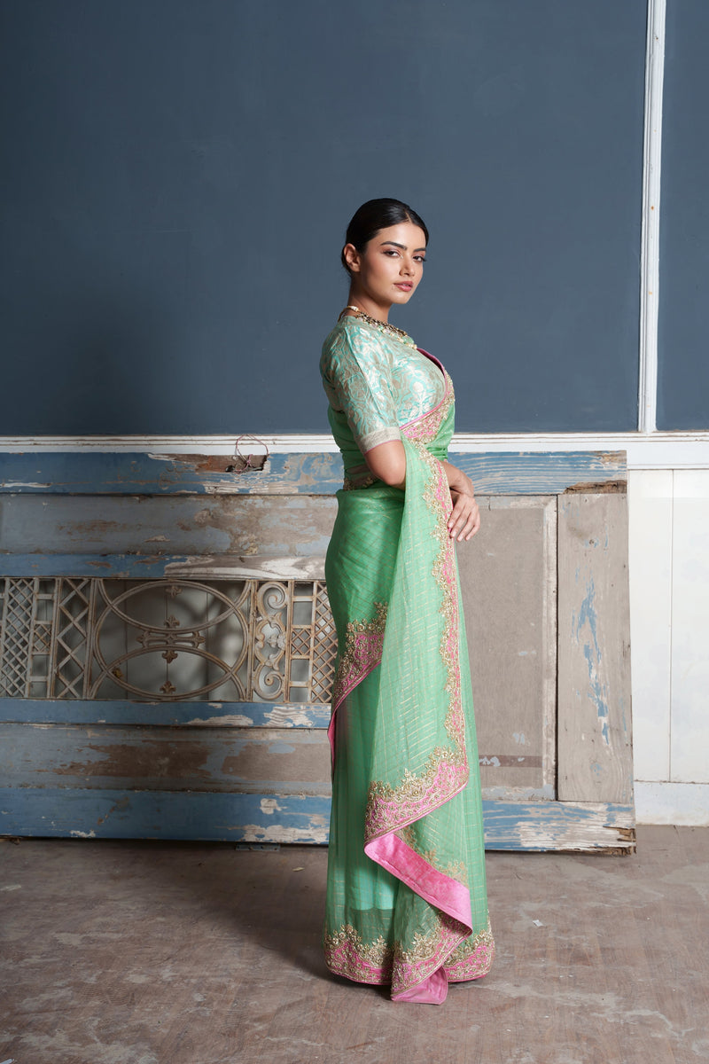 Tara -jade green raw silk embroidered saree with blouse