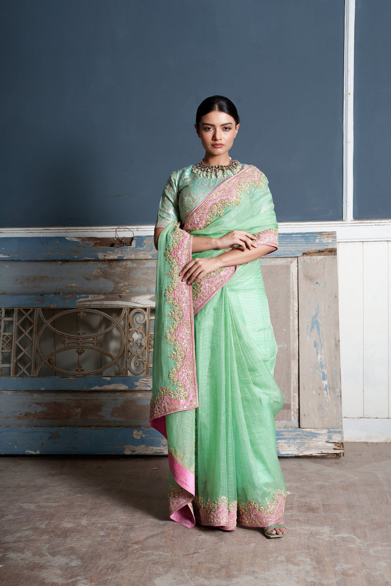 Tara -jade green raw silk embroidered saree with blouse
