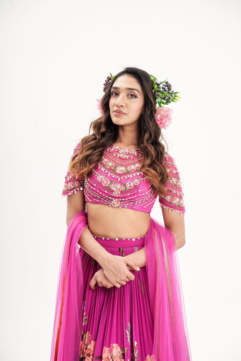 La fleur -magenta pink intricate hand embroidered lehenga