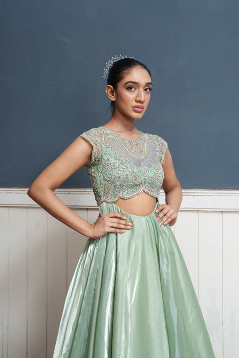 Traksh-Sage green embroidered cut out dress