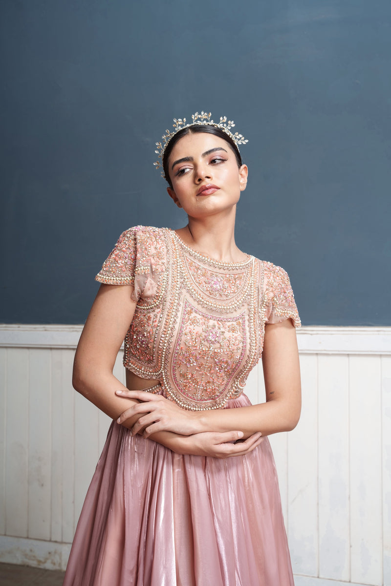 Traksh-rose pink embroidered cut out dress