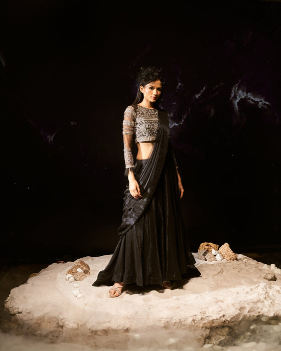 Dara-Nakshatra Black Ore Draped Saree With Intricate Embroidered Blouse