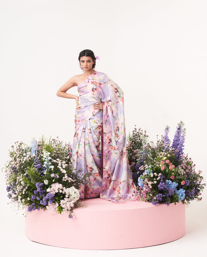 Lilium -Nakshatra Lilac Saree With Baby Pink Spaghetti Blouse