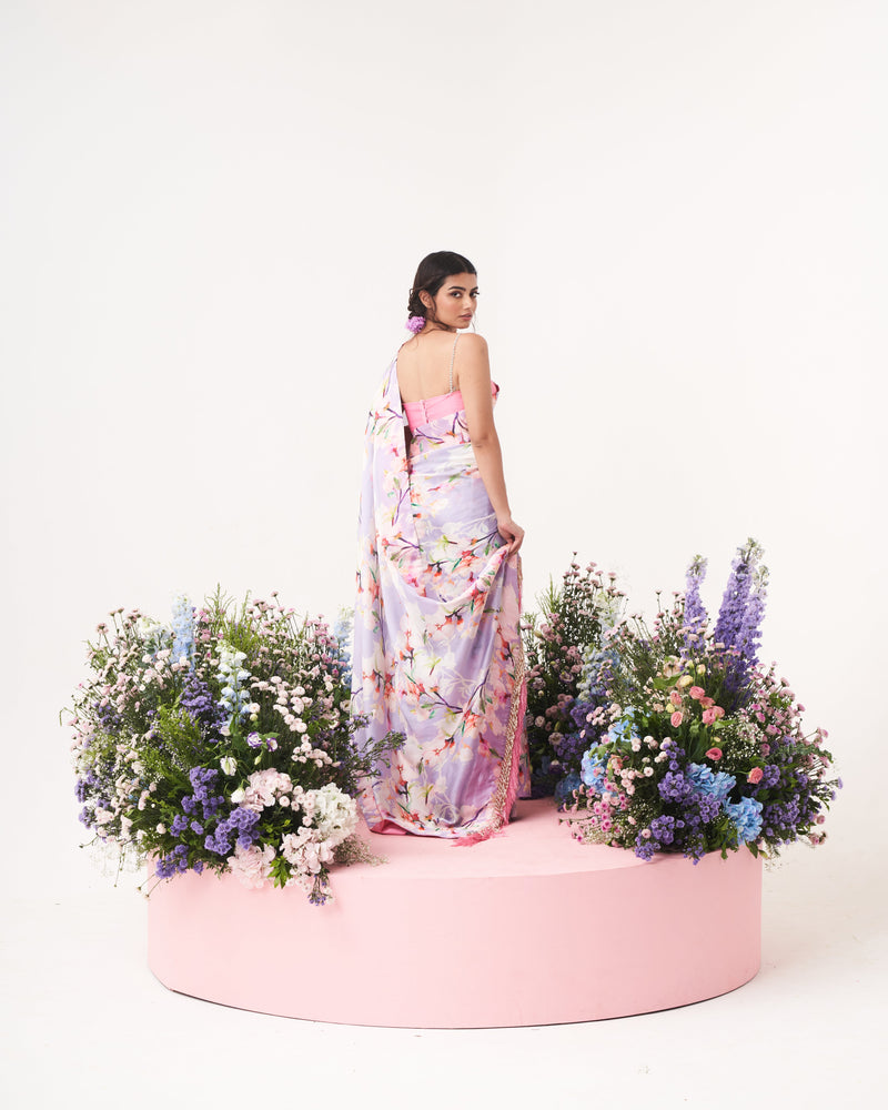 Lilium -Nakshatra Lilac Saree With Baby Pink Spaghetti Blouse