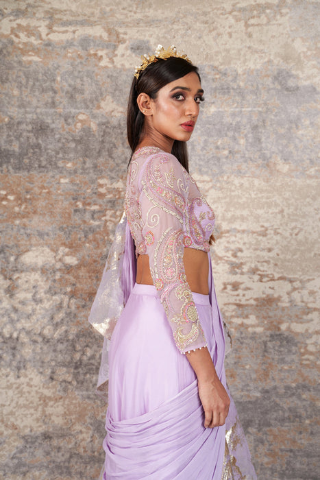 DÃ©jouer-Nakshatra lilac foil print pre - draped saree