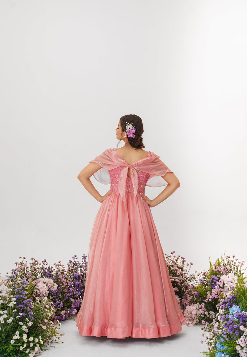 Cascade - Flamingo Pink Metallic Organza Dress