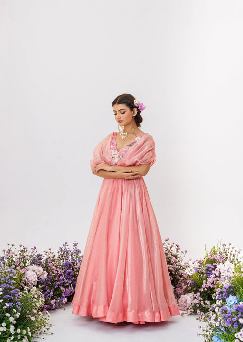 Cascade - Flamingo Pink Metallic Organza Dress