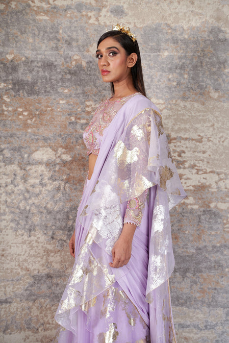 DÃ©jouer-Nakshatra lilac foil print pre - draped saree