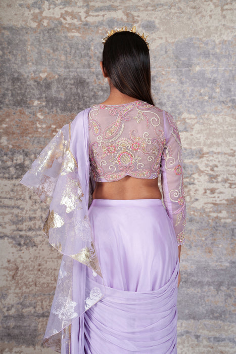 DÃ©jouer-Nakshatra lilac foil print pre - draped saree