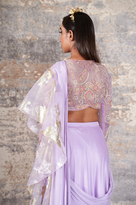 DÃ©jouer-Nakshatra lilac foil print pre - draped saree