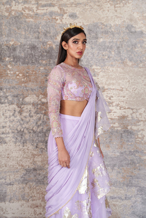 DÃ©jouer-Nakshatra lilac foil print pre - draped saree