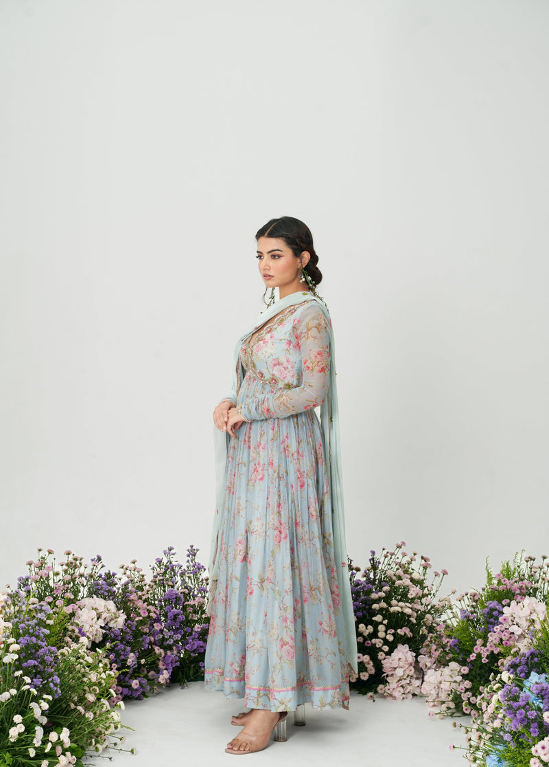 Floret-ice Blue Embroidered Anarkali Set